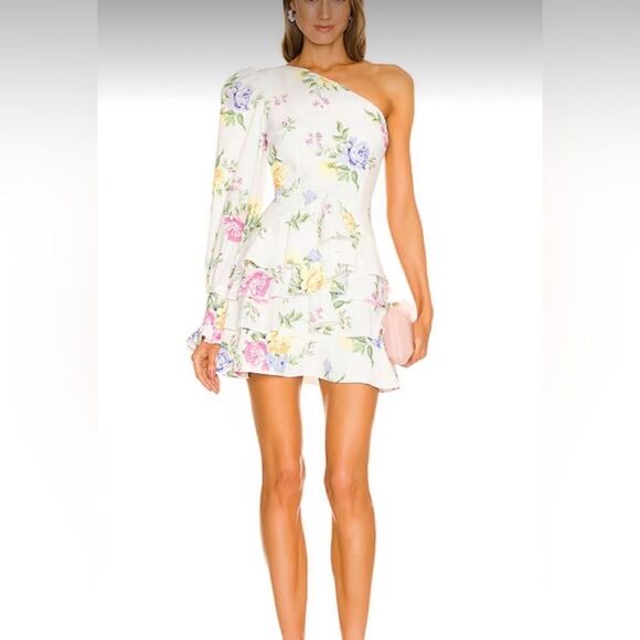 MERGIM REVOLVE Camellia One Shoulder Dress in Light Yellow & Pink Size Small - Picture 1 of 5